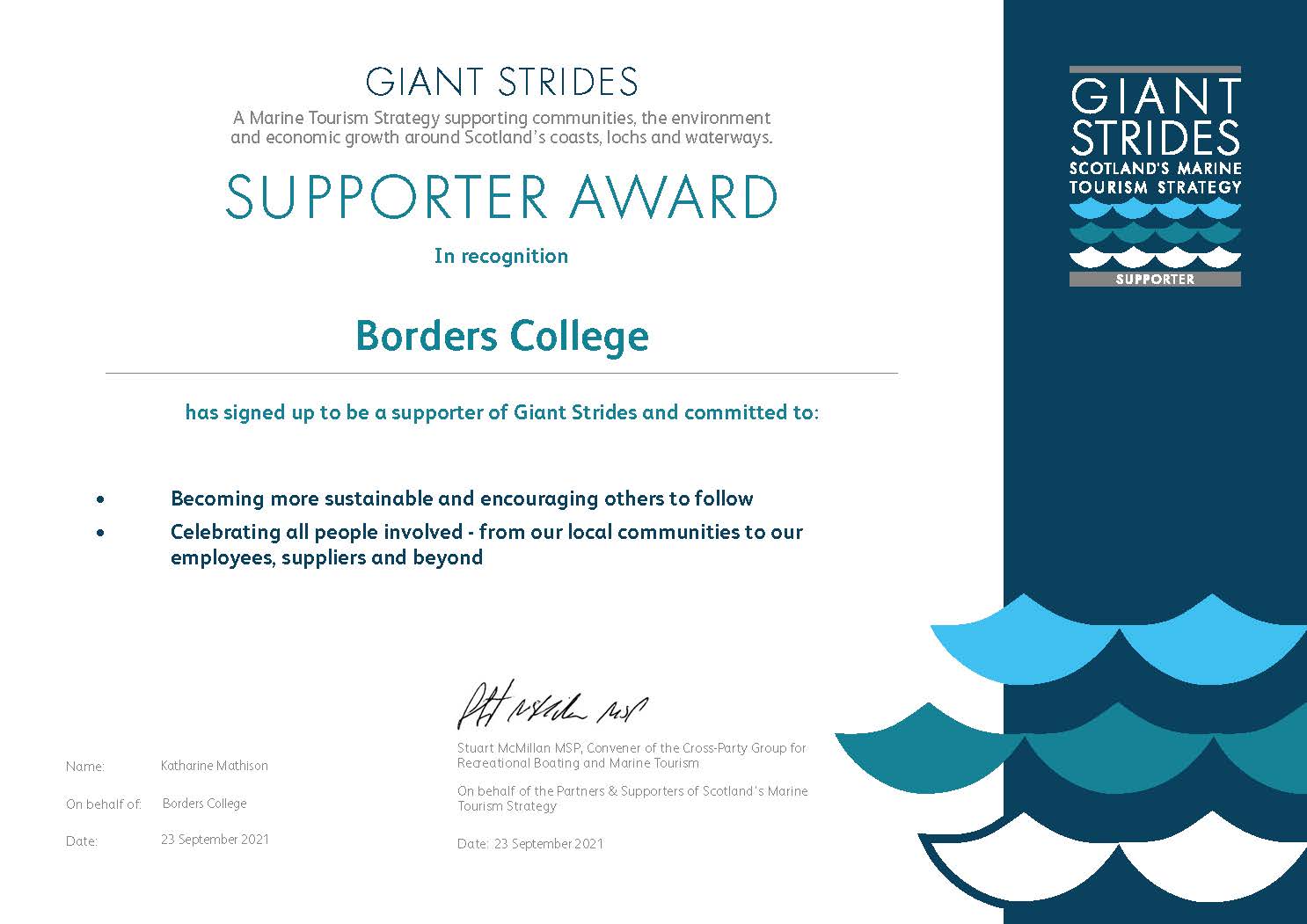 Borders College SUPPORTER Certificate 