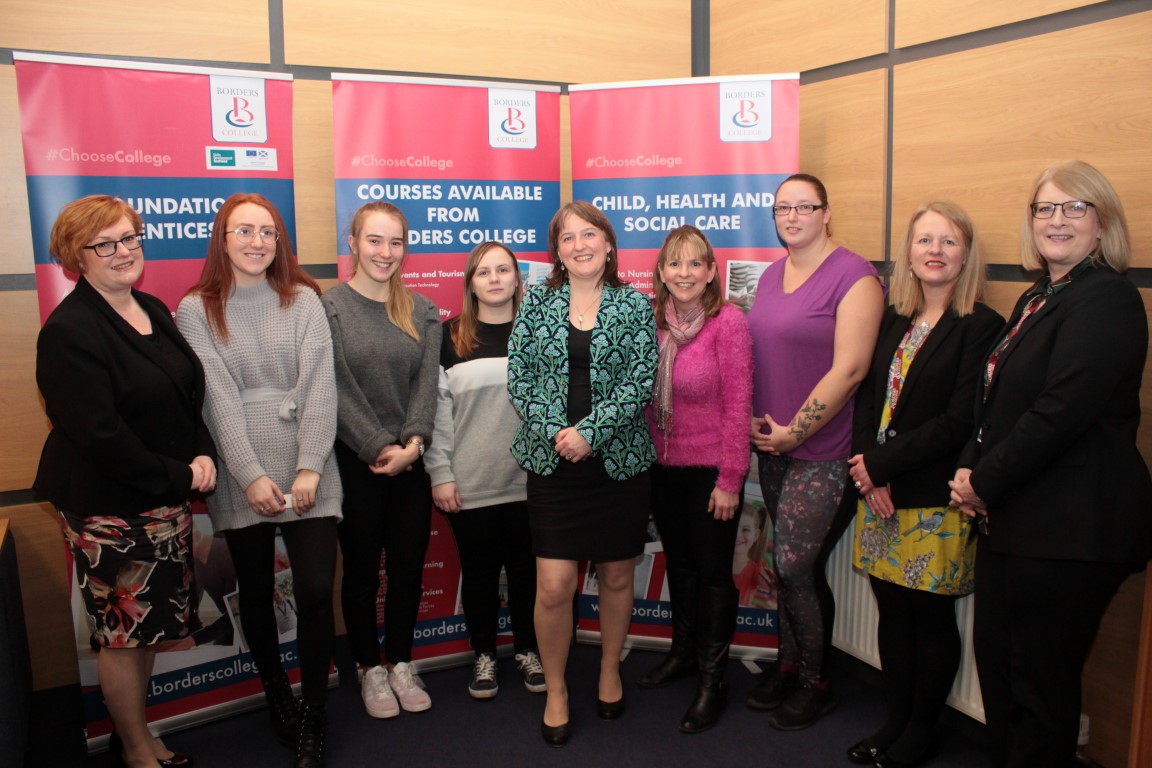 Maree Todd with students and Borders College staff