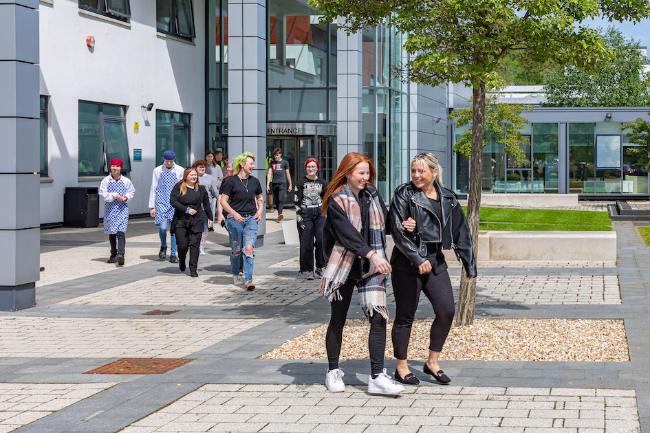 Photo of students walking outside the Scottish Borders Campus