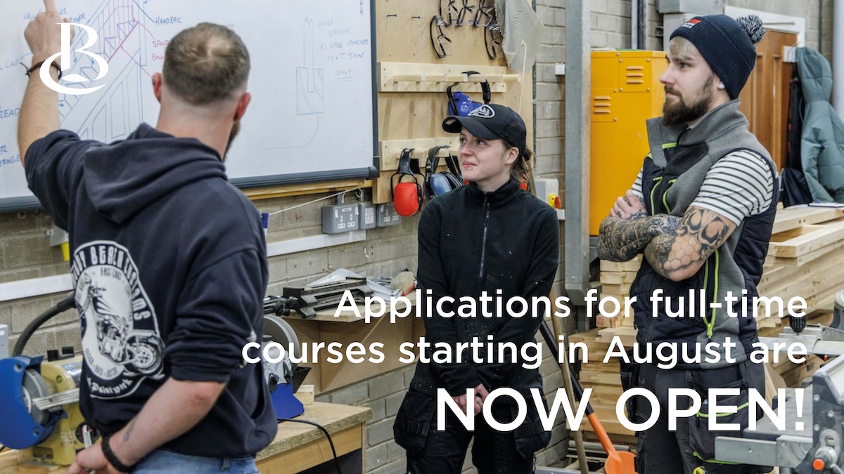 Graphic showing two students and a lecturer in a woodworking workshop