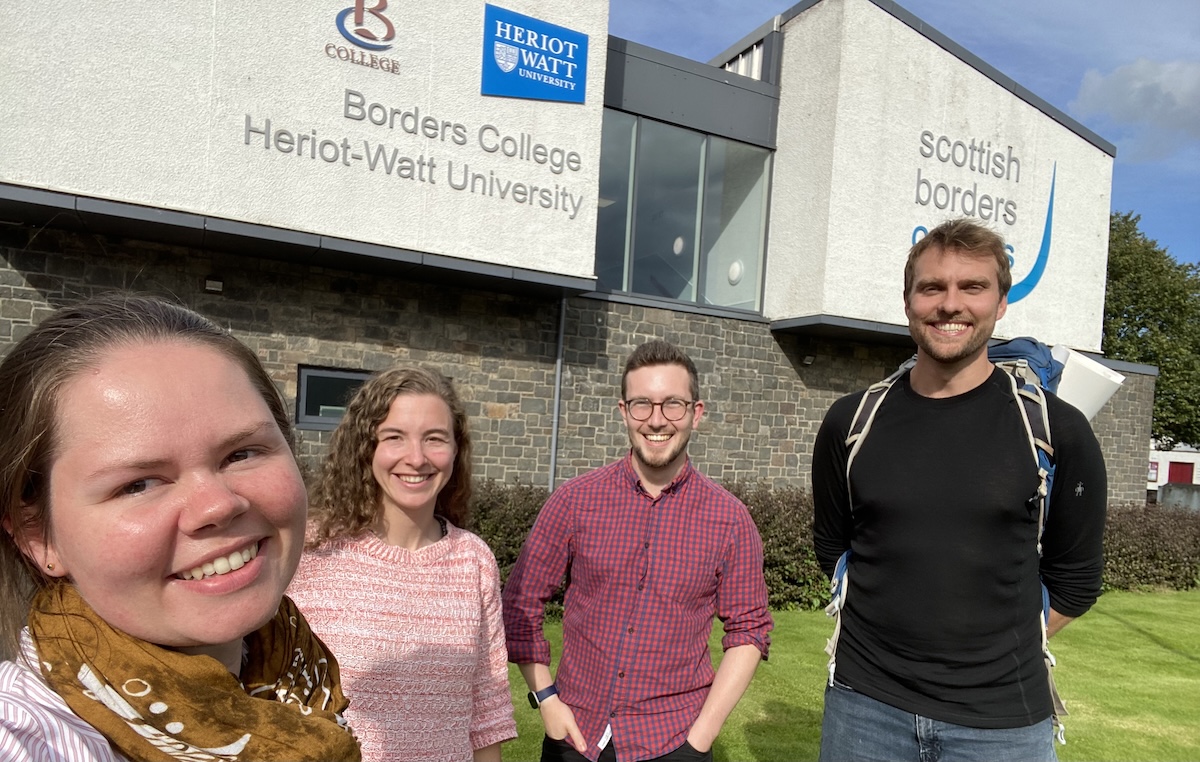 Picture showing four people standing outside the Scottish Borders Campus in Galashiels