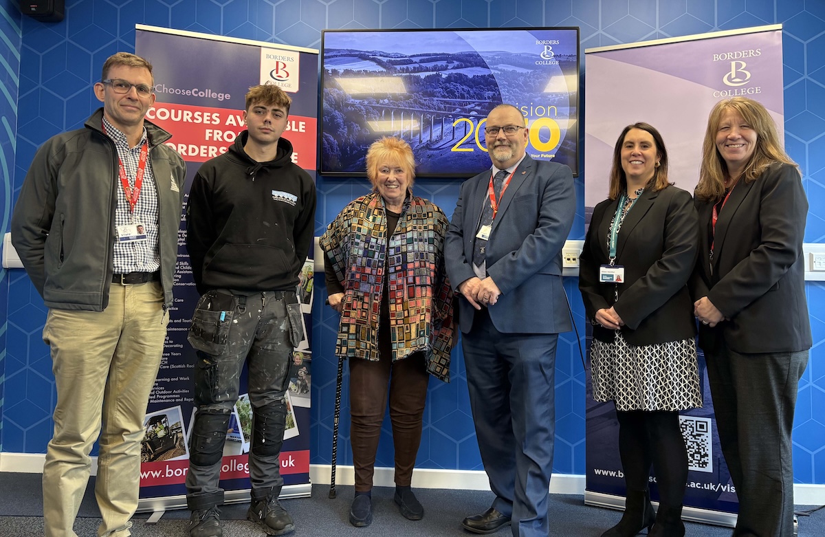 Group photo of borders college staff and students with MSP Christine Grahame