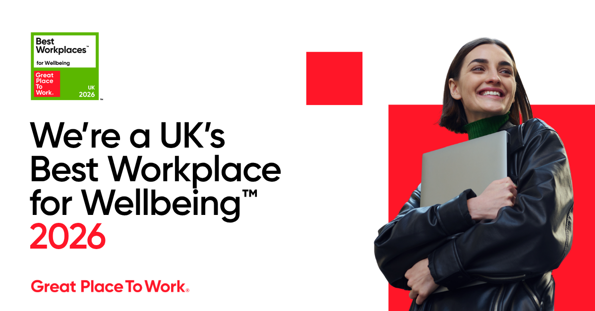 Great Places to Work for Wellbeing graphic showing a person standing with a laptop
