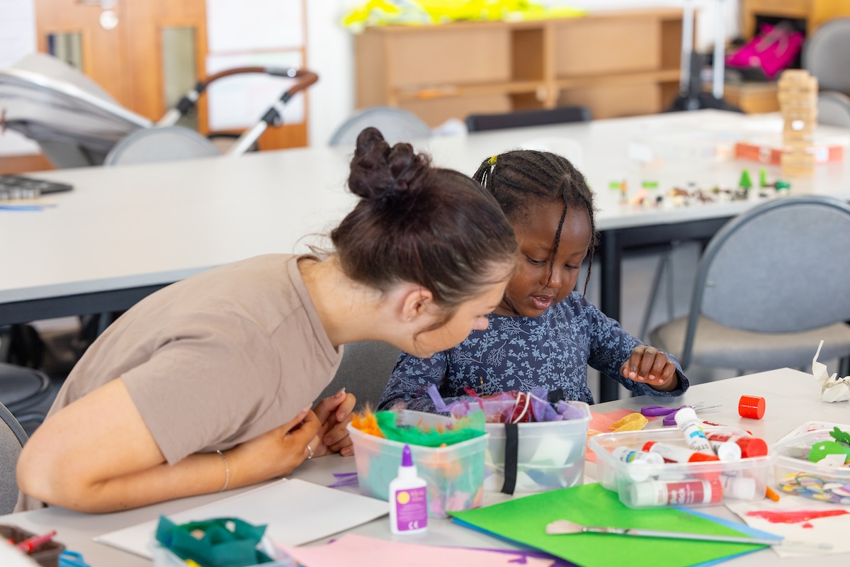 Photo of a child carer doing a painting activity wit a child
