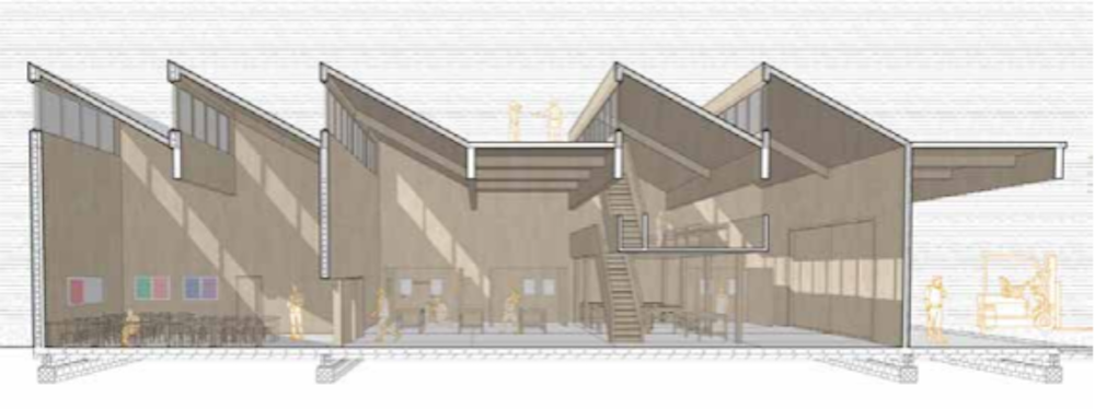Graphic showing building Green Skills Hub building design